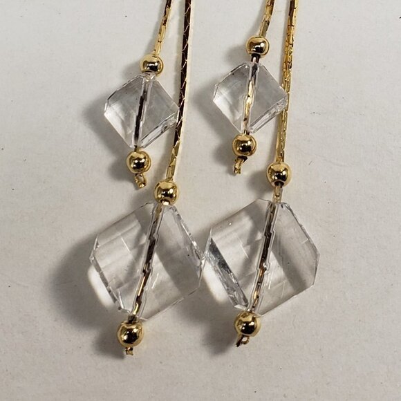 Clear Acrylic Beads Drop Earrings w/ Gold-tone Fringe Chain Dangle Chic Jewelry - Picture 4 of 8